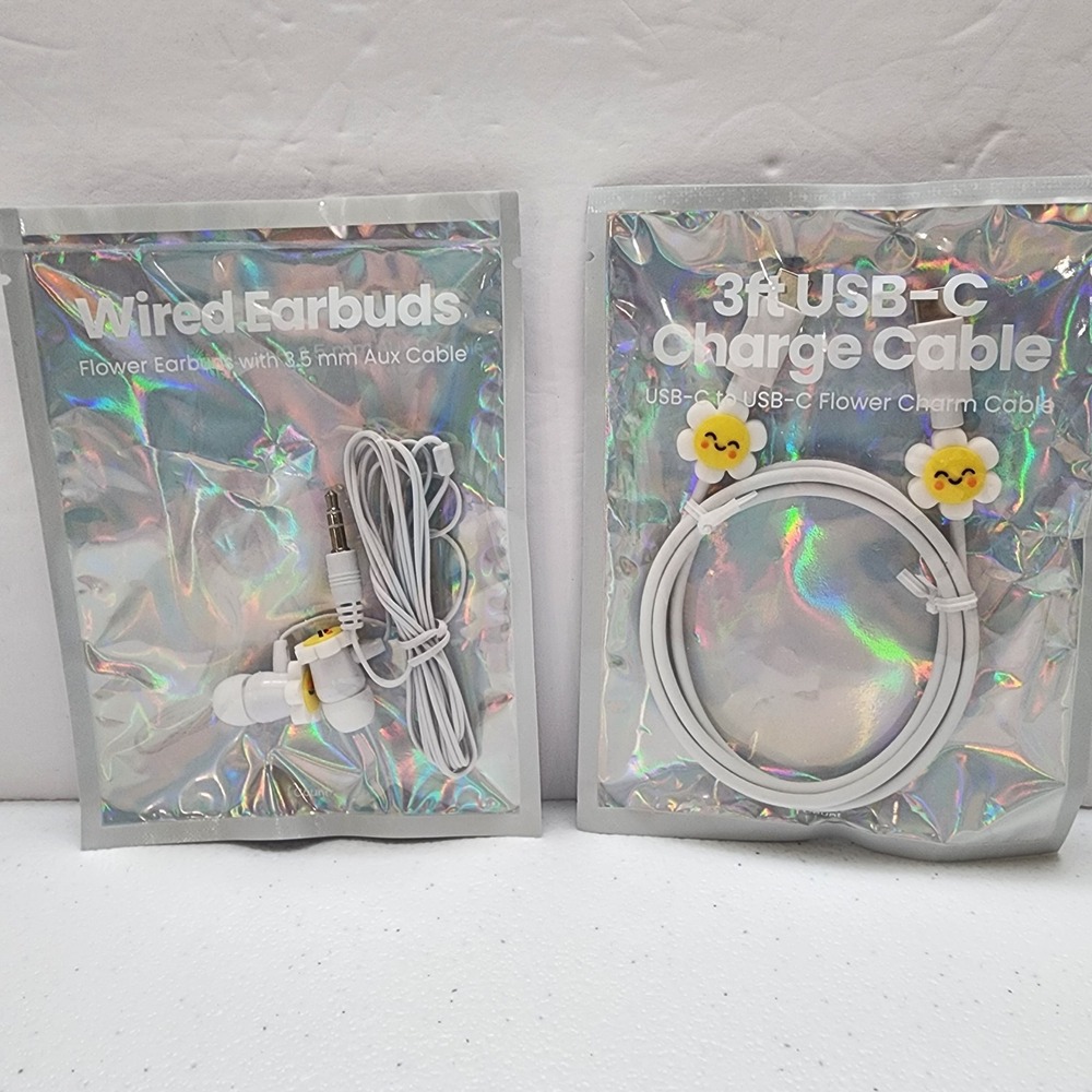 Wired Earbuds/ 3ft USB-C CHARGING Cable Flower Charm Brand New